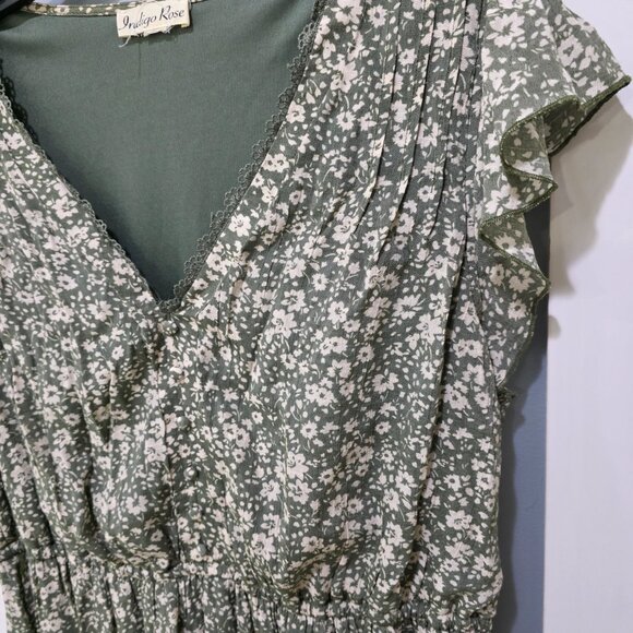 Indigo Rose Green Floral Print V-Neck Dress Midi Ruffle Cap Sleeve Elastic Waist - Picture 6 of 8